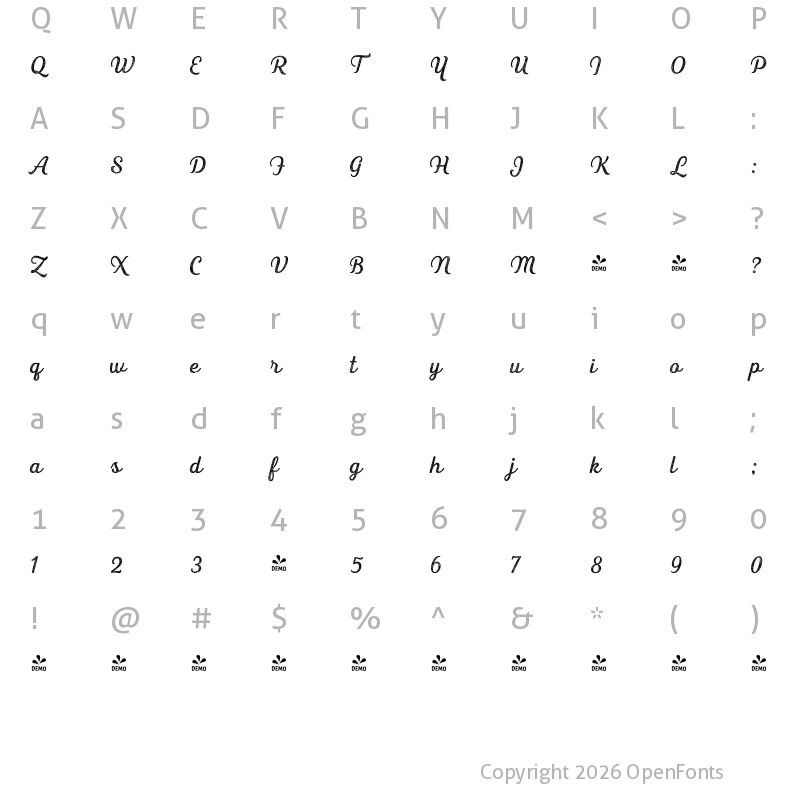 Character Map of FONTSPRING DEMO - Heiders Script R 4 Regular R 4 Regular