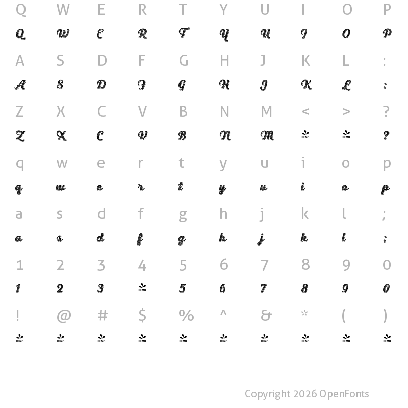 Character Map of FONTSPRING DEMO - Heiders Script R 4 Sh Black R 4 Sh Black