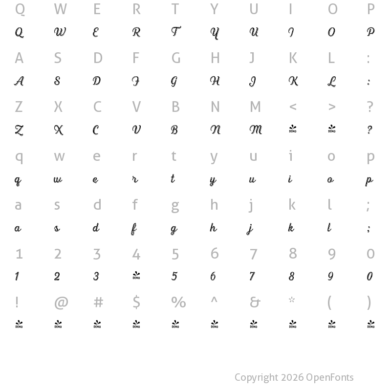 Character Map of FONTSPRING DEMO - Heiders Script R 4 Sh Regular R 4 Sh Regular