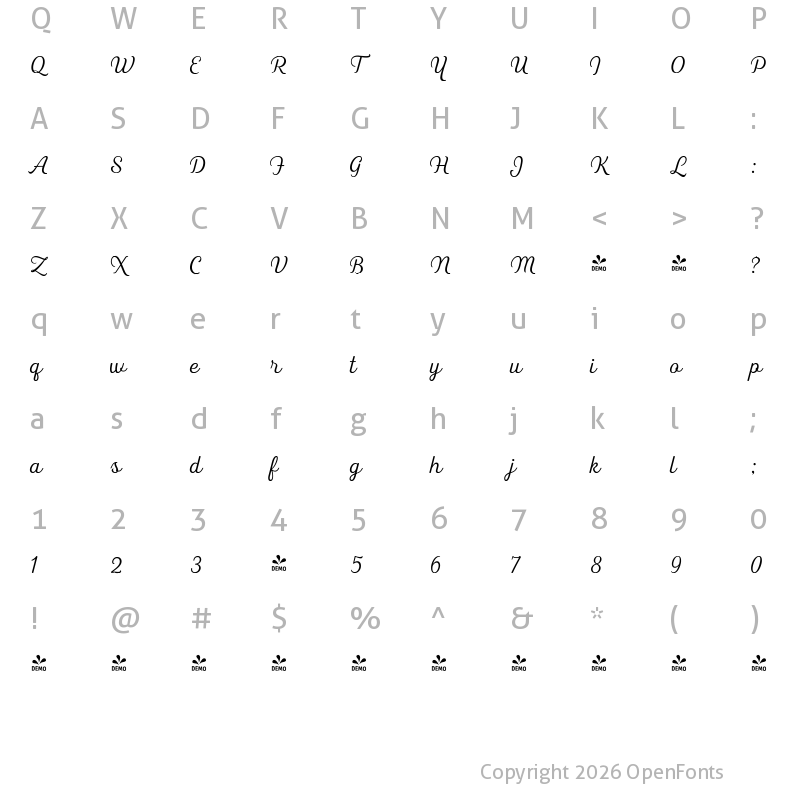 Character Map of FONTSPRING DEMO - Heiders Script R Light R Light