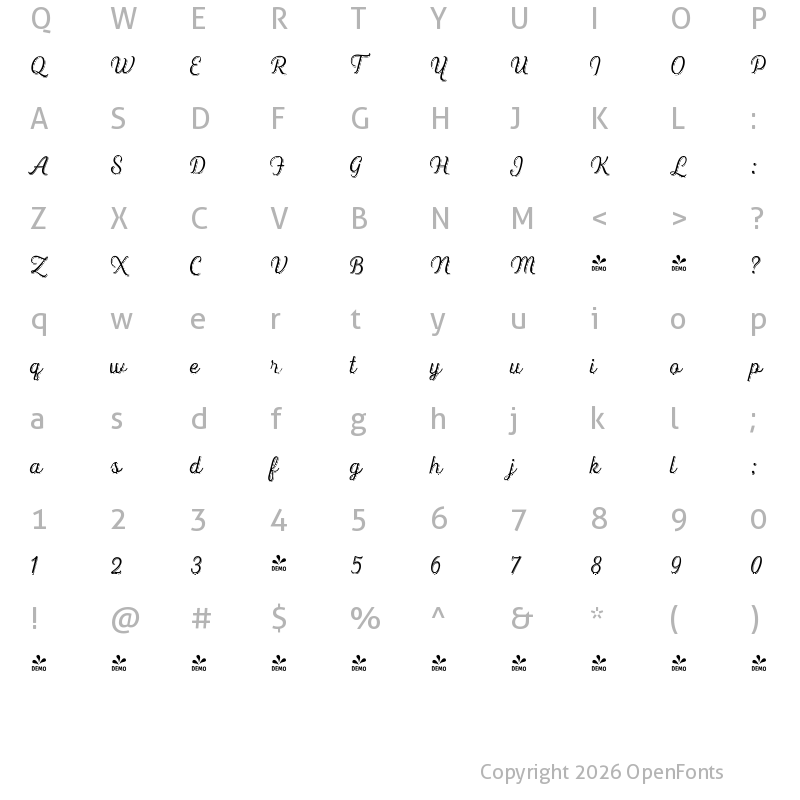 Character Map of FONTSPRING DEMO - Heiders Script R Sh Light R Sh Light