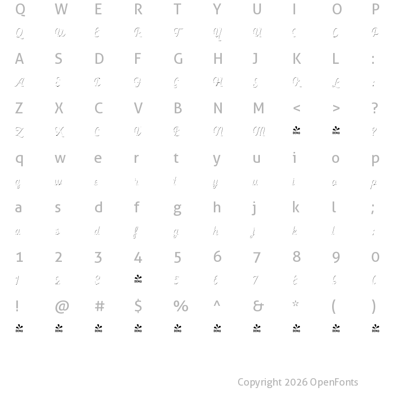 Character Map of FONTSPRING DEMO - Heiders Script R Sh1 Light Heiders Script R Sh1 Light