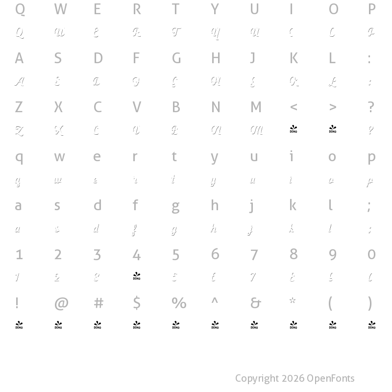 Character Map of FONTSPRING DEMO - Heiders Script R Sh1 Regular R Sh1 Regular