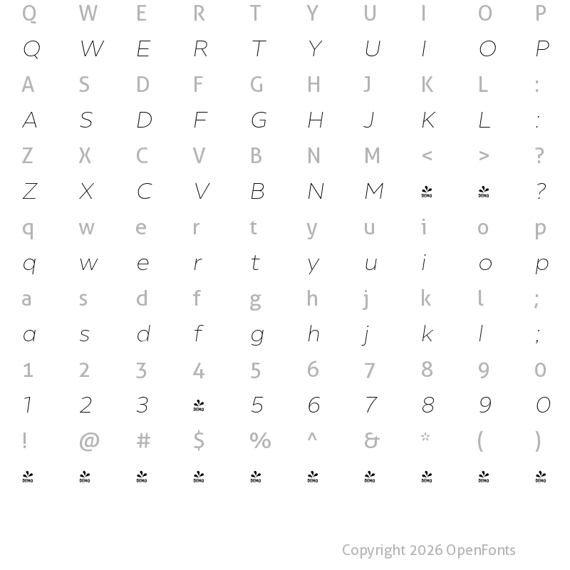 Character Map of FONTSPRING DEMO - Helios Antique Ultra Light It Regular