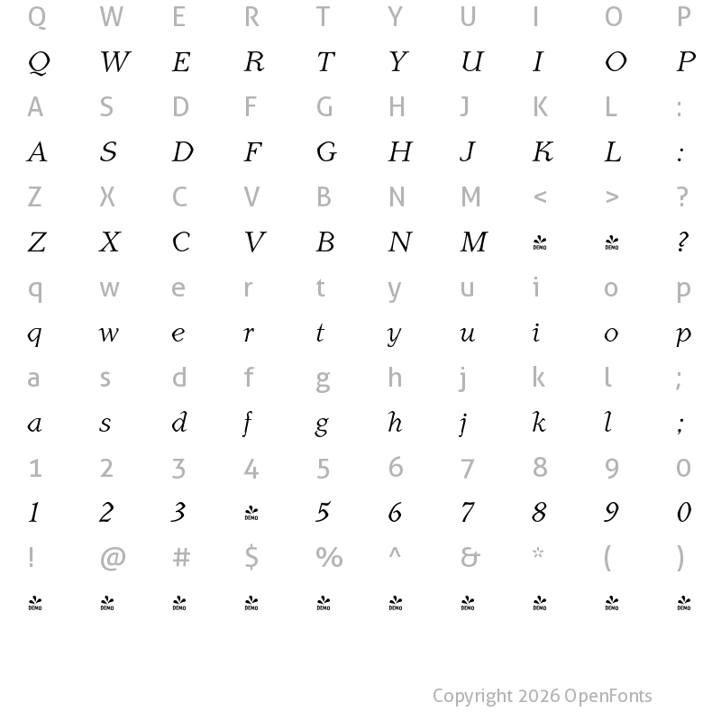 Character Map of FONTSPRING DEMO - Henman Italic