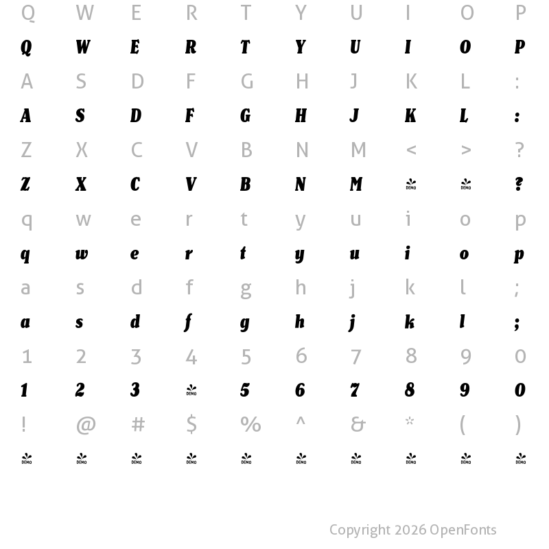 Character Map of FONTSPRING DEMO - Henriette Compressed Black Italic
