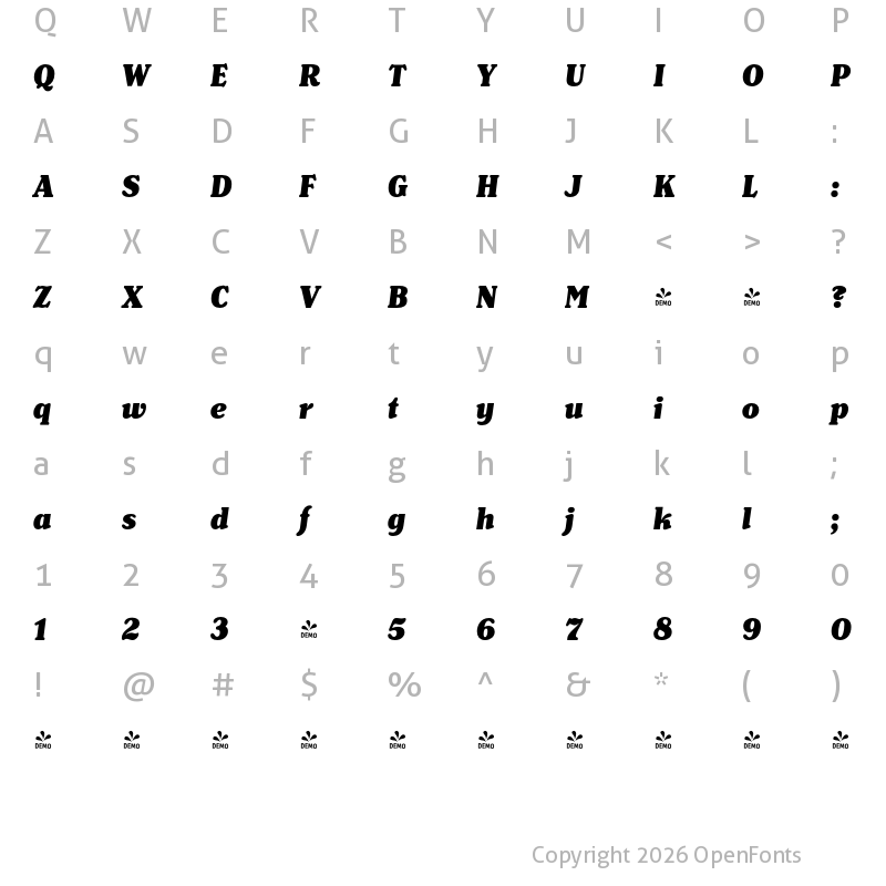 Character Map of FONTSPRING DEMO - Henriette Condensed Black Italic