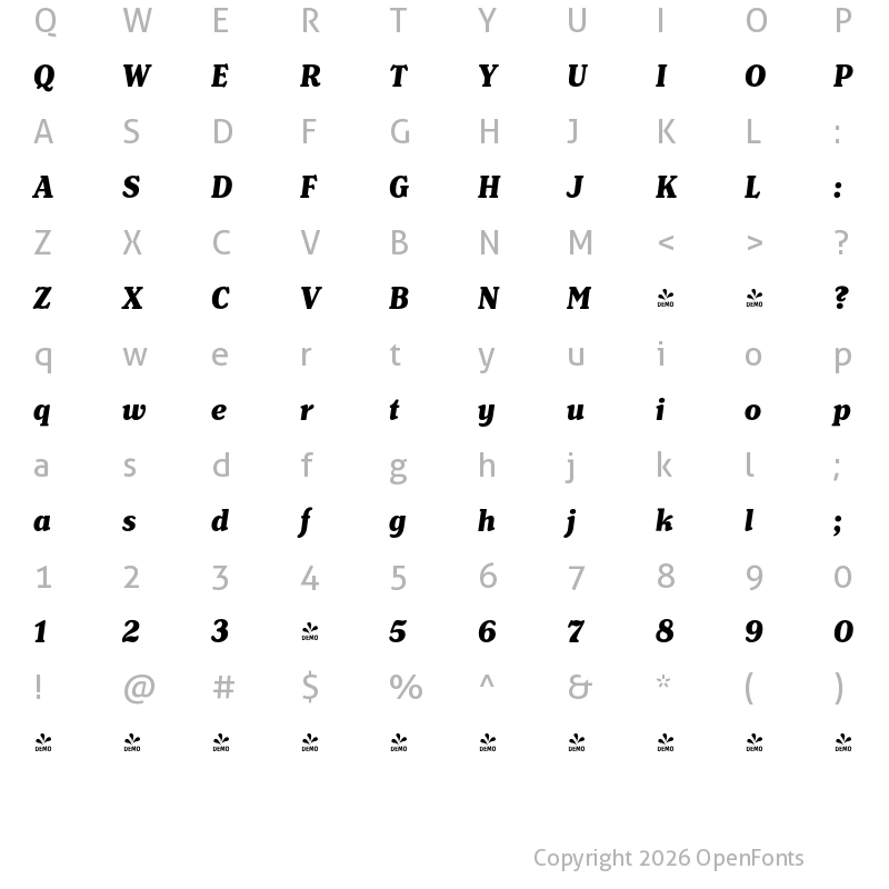 Character Map of FONTSPRING DEMO - Henriette Condensed Heavy Italic