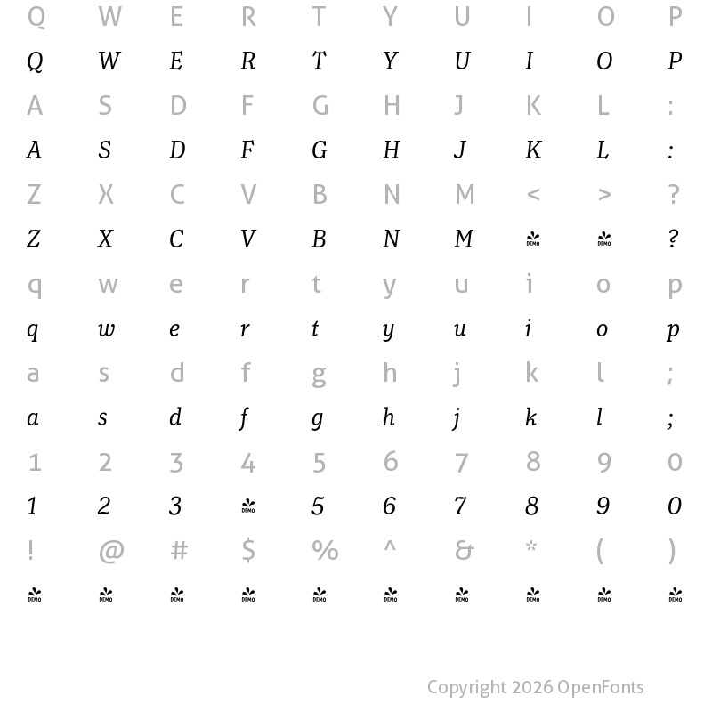 Character Map of FONTSPRING DEMO - Henriette Condensed Italic