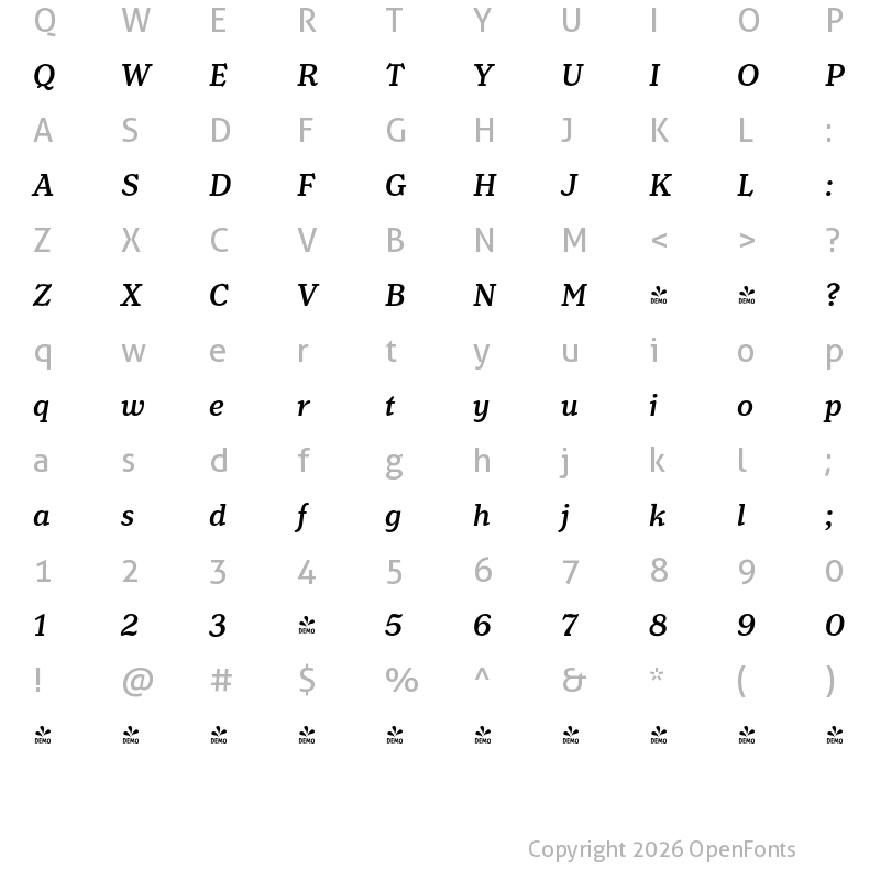 Character Map of FONTSPRING DEMO - Henriette Medium Italic