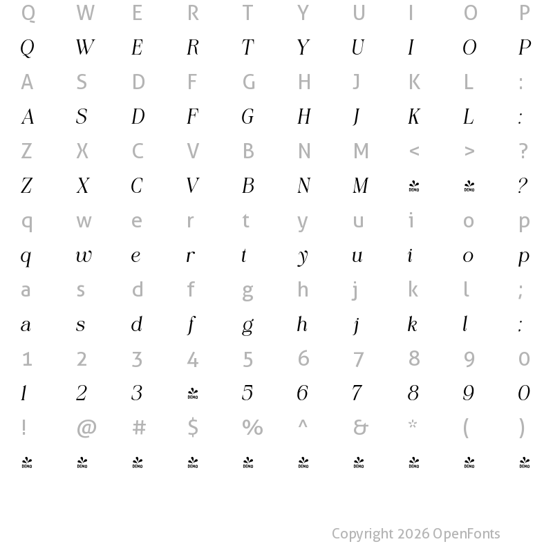 Character Map of FONTSPRING DEMO - Heproyal Slant Slant Regular