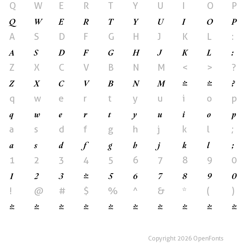 Character Map of FONTSPRING DEMO - Hermann Black Italic