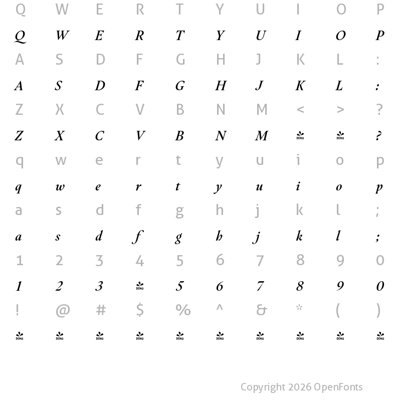 Character Map of FONTSPRING DEMO - Hermann Bold Italic