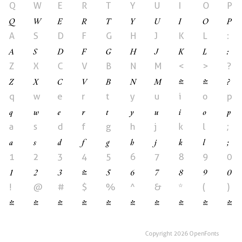 Character Map of FONTSPRING DEMO - Hermann SemiBold Italic