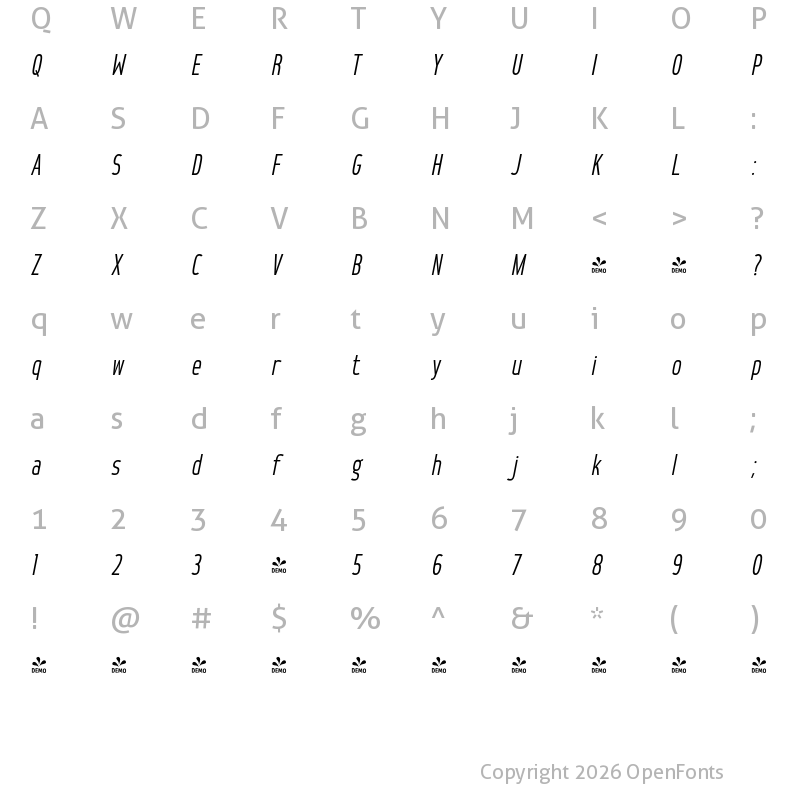 Character Map of FONTSPRING DEMO - Hinton Italic