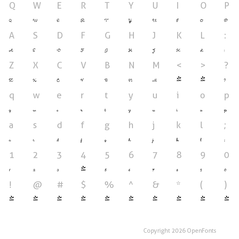 Character Map of FONTSPRING DEMO - HMS Gilbert Script Printed Regular