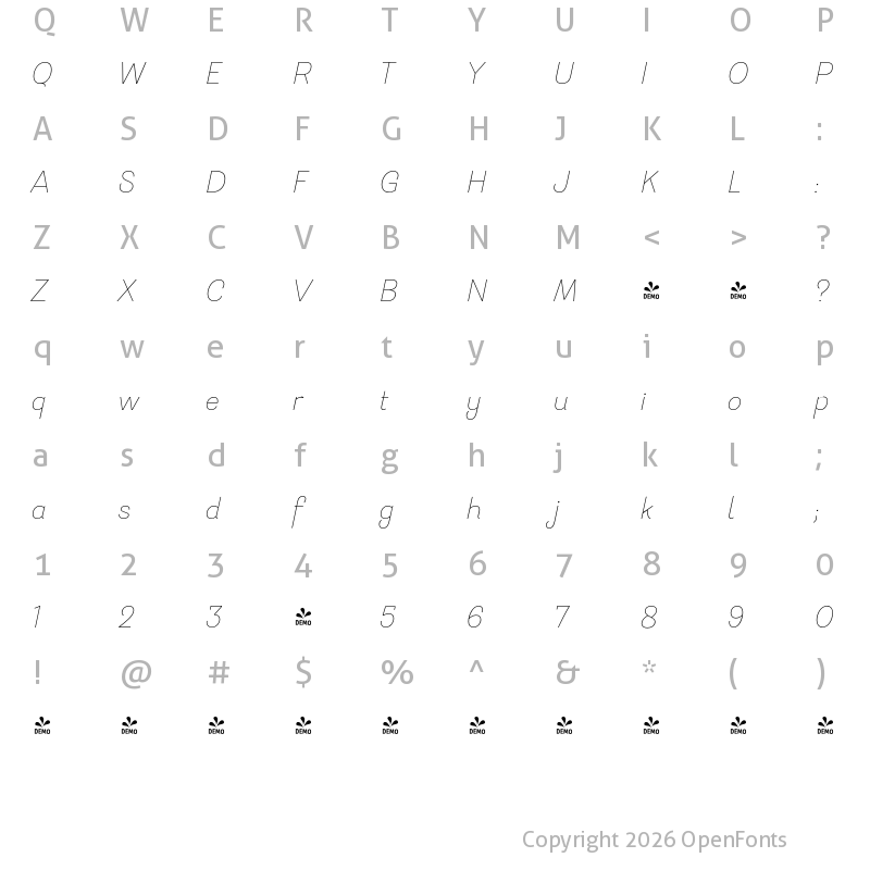 Character Map of FONTSPRING DEMO - Hogar ExtraLight It Regular
