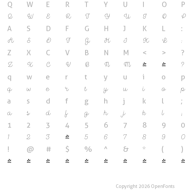 Character Map of FONTSPRING DEMO - Hogar Script ExtraLight Regular