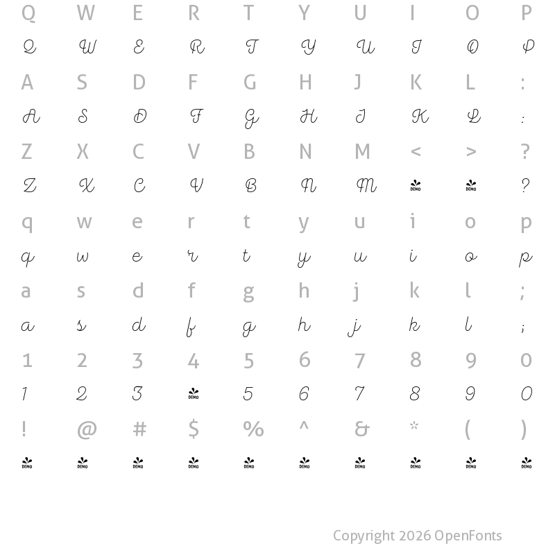 Character Map of FONTSPRING DEMO - Hogar Script Light Regular