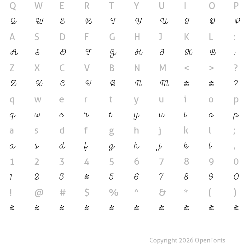 Character Map of FONTSPRING DEMO - Hogar Script Regular