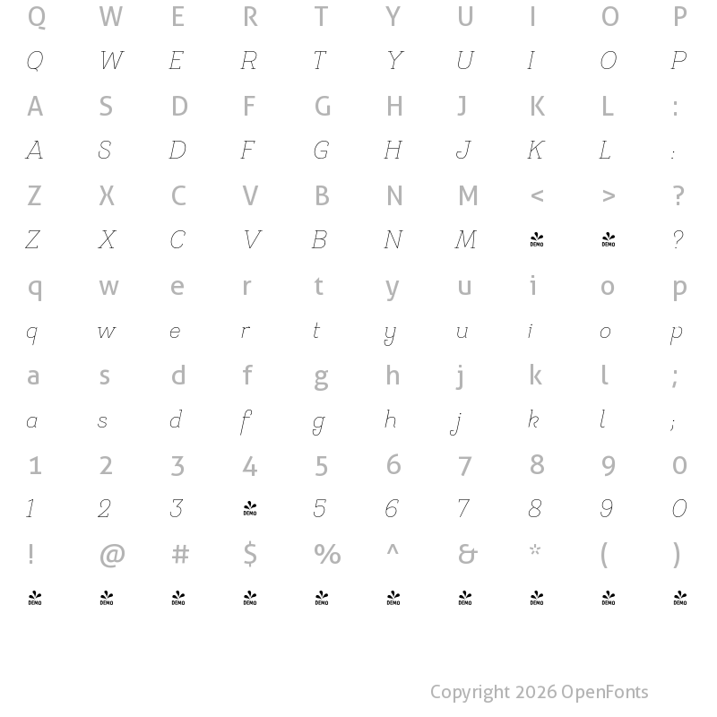 Character Map of FONTSPRING DEMO - Hogar Slab ExtraLight It Regular