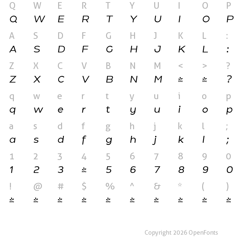 Character Map of FONTSPRING DEMO - Holgada Medium Italic Regular