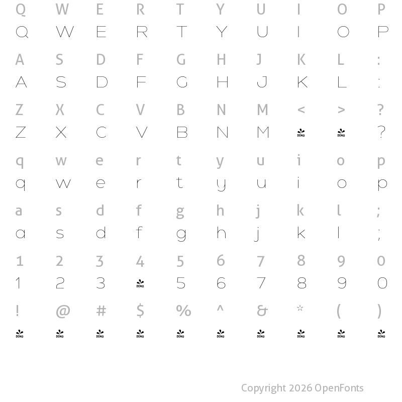 Character Map of FONTSPRING DEMO - Holgada Thin Regular