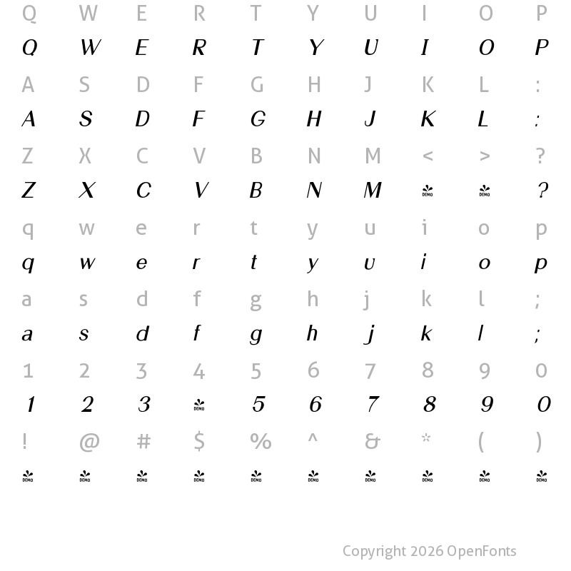 Character Map of FONTSPRING DEMO - Holt Sans Bold Italic