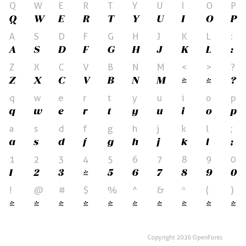 Character Map of FONTSPRING DEMO - Honest Heavy Bold Italic
