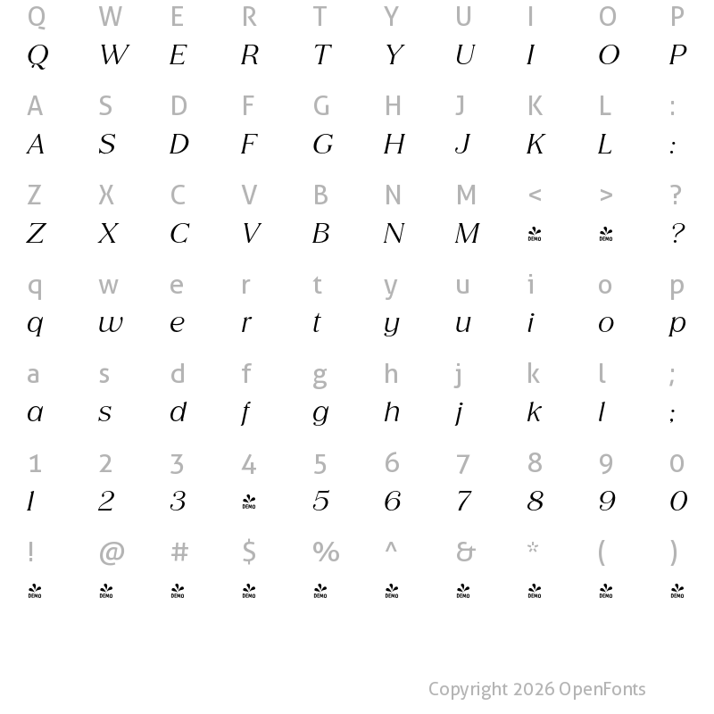 Character Map of FONTSPRING DEMO - Honest Italic