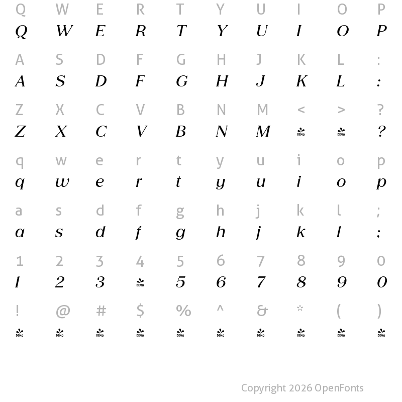 Character Map of FONTSPRING DEMO - Honest Medium Italic