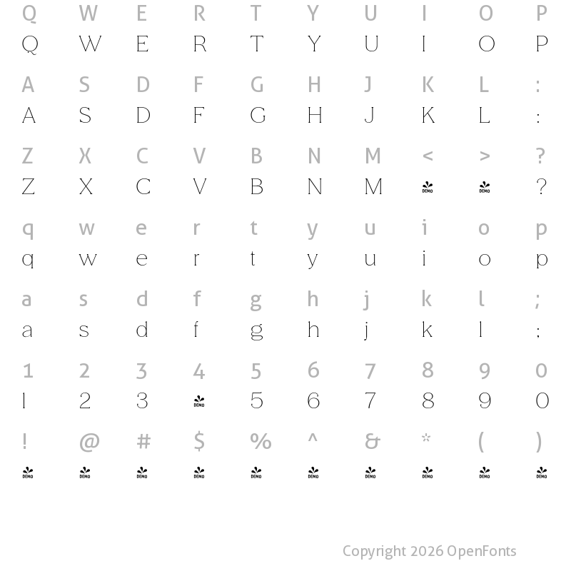 Character Map of FONTSPRING DEMO - Honest Thin Regular