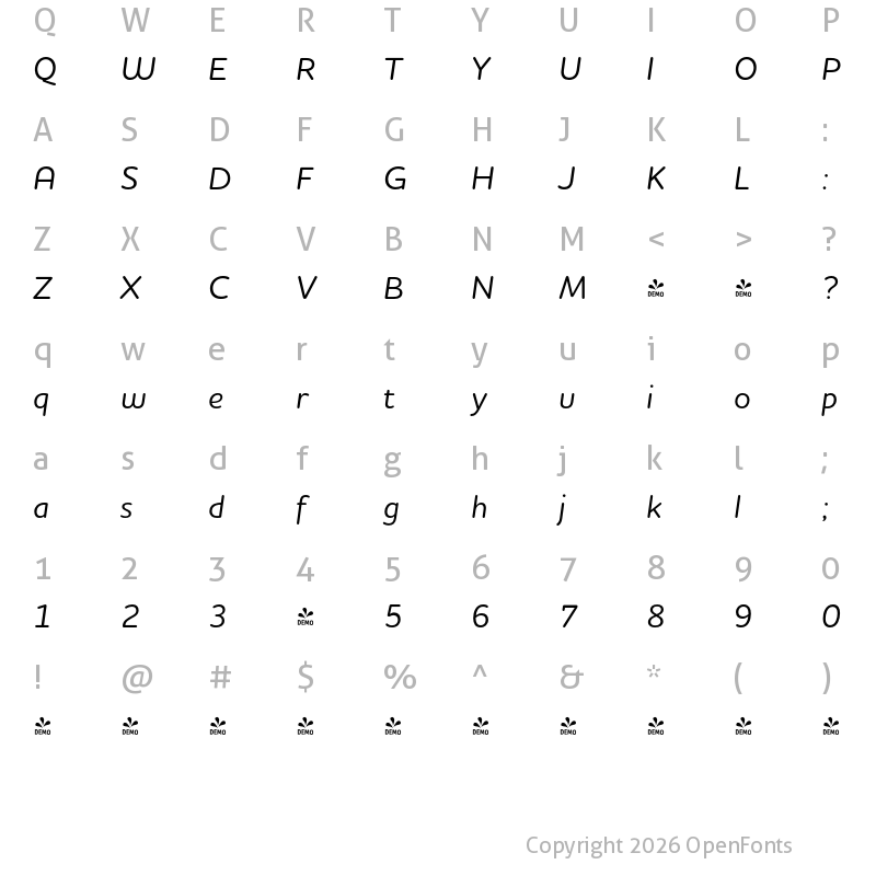 Character Map of FONTSPRING DEMO - Houschka Rounded Medium Italic