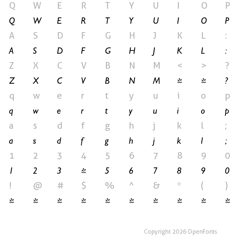 Character Map of FONTSPRING DEMO - Humanist 521 BT Italic