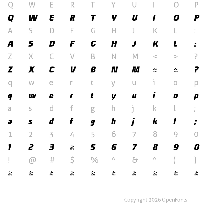 Character Map of FONTSPRING DEMO - Hybrea Ub Italic