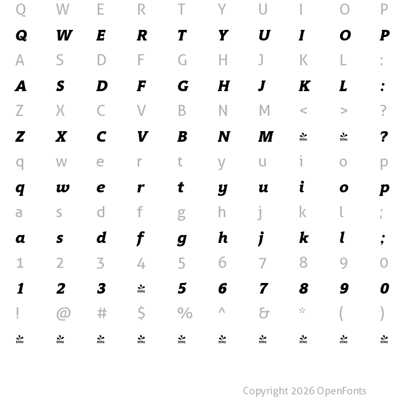 Character Map of FONTSPRING DEMO - Hybrid Extra Bold Italic