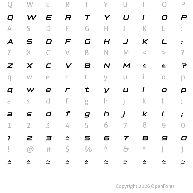 Character Map of FONTSPRING DEMO - Hyperspace Race Expanded Bold Italic