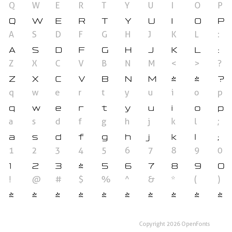Character Map of FONTSPRING DEMO - Hyperspace Race Expanded Light Regular