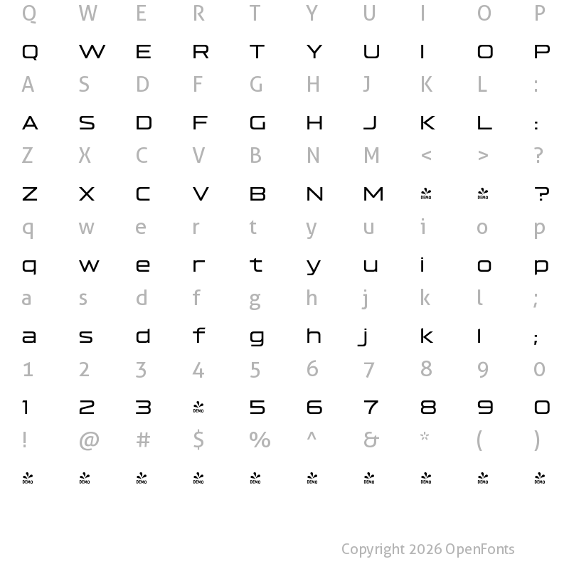 Character Map of FONTSPRING DEMO - Hyperspace Race Expanded Regular