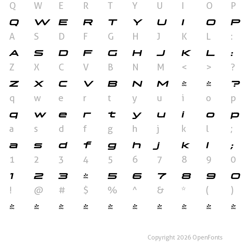Character Map of FONTSPRING DEMO - Hyperspace Race Extended Bold Italic