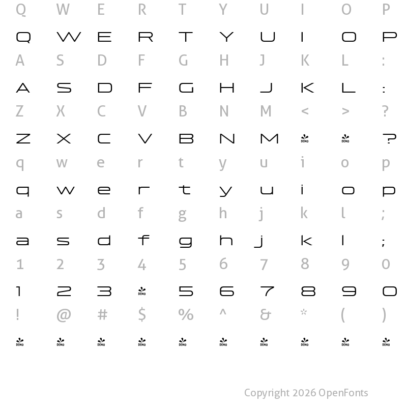 Character Map of FONTSPRING DEMO - Hyperspace Race Extended Light Regular