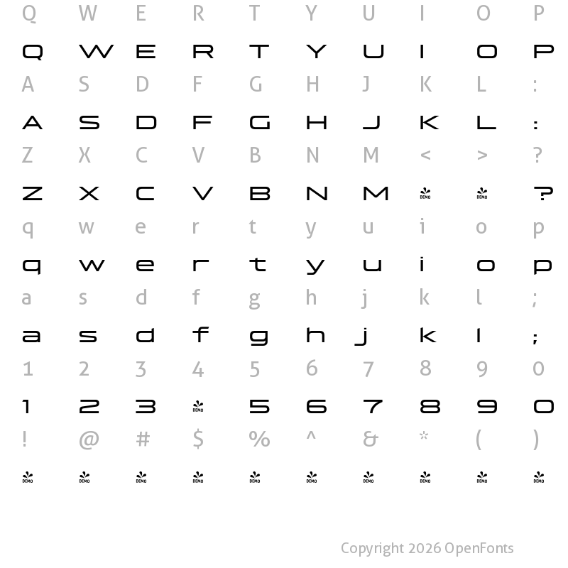 Character Map of FONTSPRING DEMO - Hyperspace Race Extended Regular