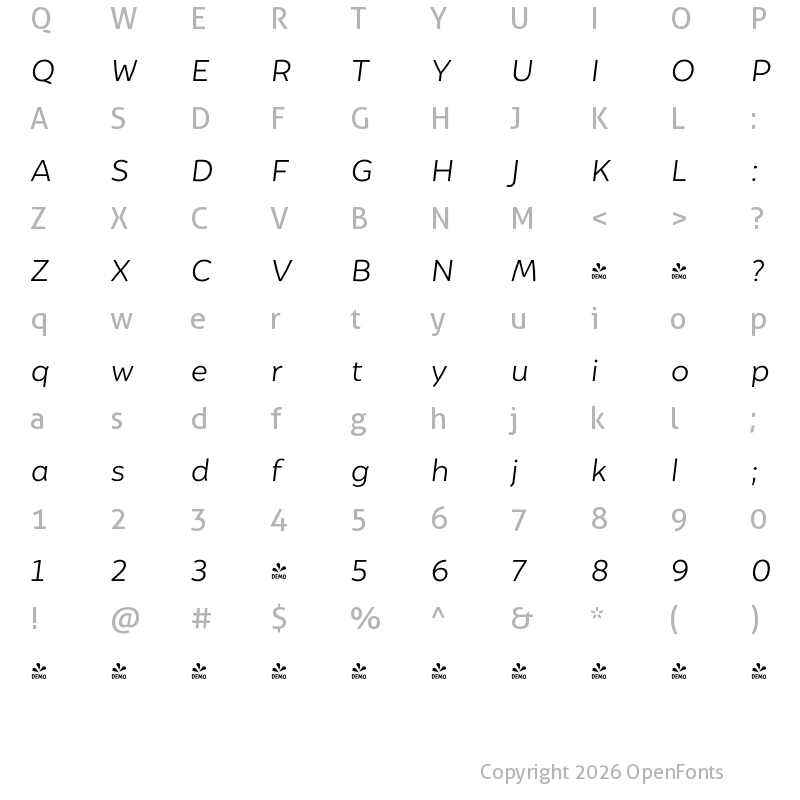 Character Map of FONTSPRING DEMO - Igna Sans Light It Regular