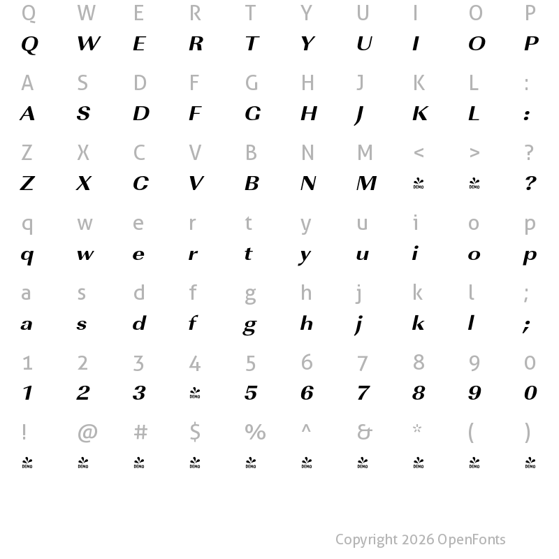 Character Map of FONTSPRING DEMO - ImperialURWExtWidExtBol Italic