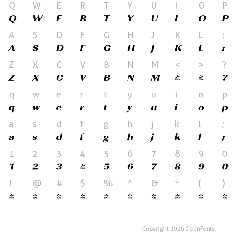 Character Map of FONTSPRING DEMO - ImperialURWExtWidUltBol Italic