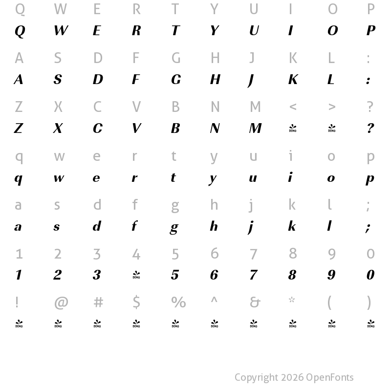 Character Map of FONTSPRING DEMO - ImperialURWNarExtBol Italic