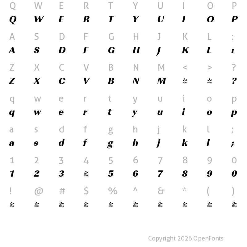 Character Map of FONTSPRING DEMO - ImperialURWUltBol Italic