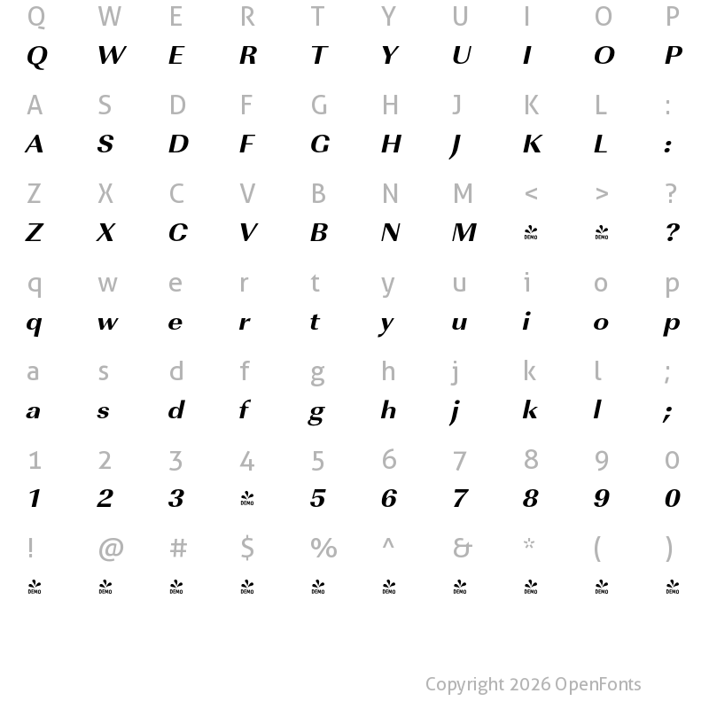 Character Map of FONTSPRING DEMO - ImperialURWWidExtBol Italic