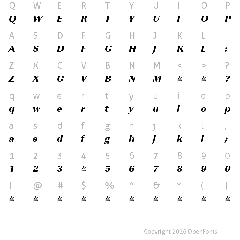 Character Map of FONTSPRING DEMO - ImperialURWWidUltBol Italic