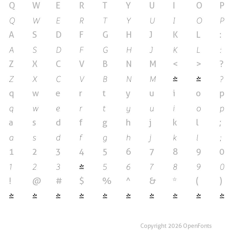 Character Map of FONTSPRING DEMO - Informative Thin It Regular
